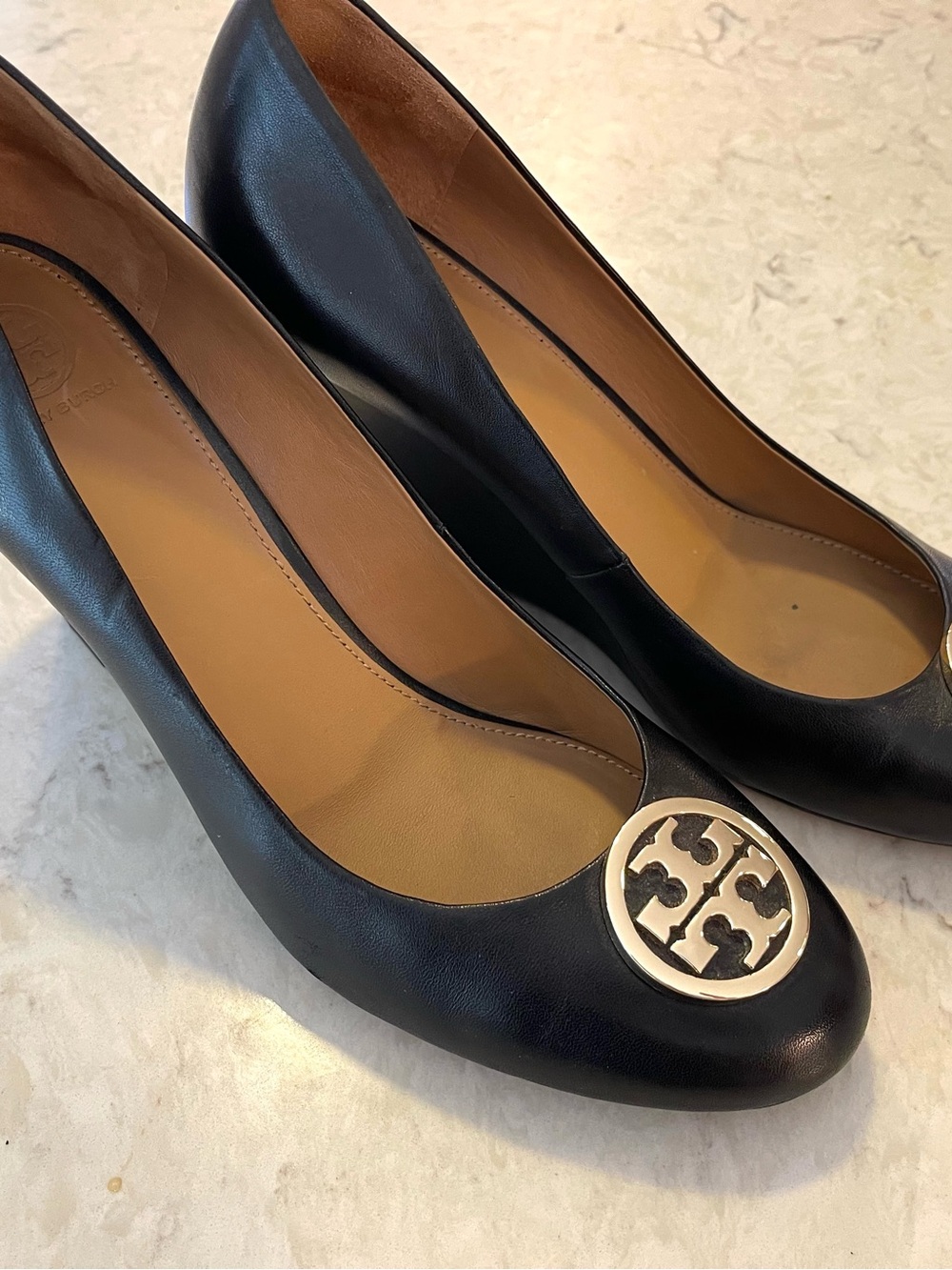 Tory Burch Black Leather wedge pumps with Gold Logo Medallions, 4” heel. - Picture 5 of 10